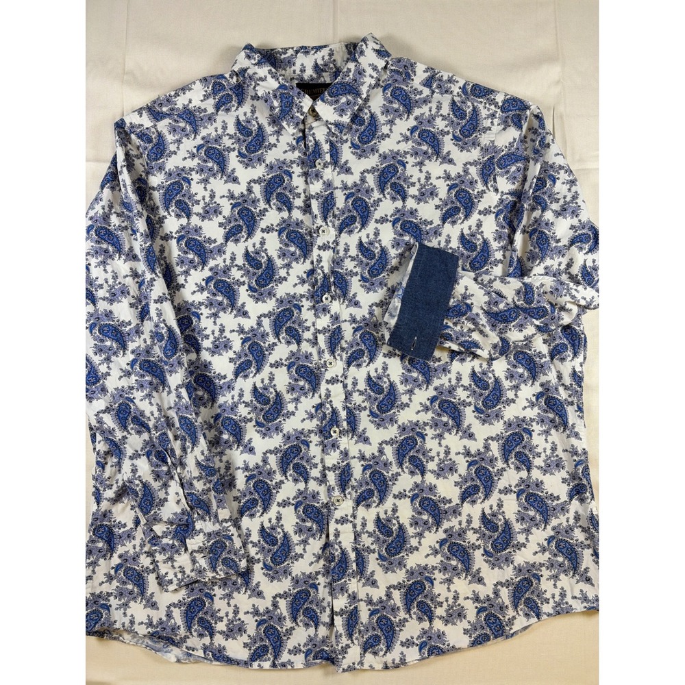 Cremieux Premium Denim Mens XXL White Blue Paisley Cotton Button Down Shirt